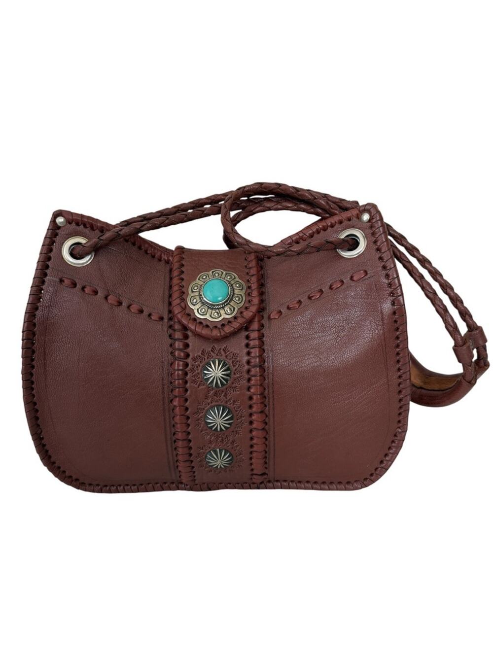Vintage Southwestern Handmade Brown Leather Shoulder Bag Turquoise Stone Medium
